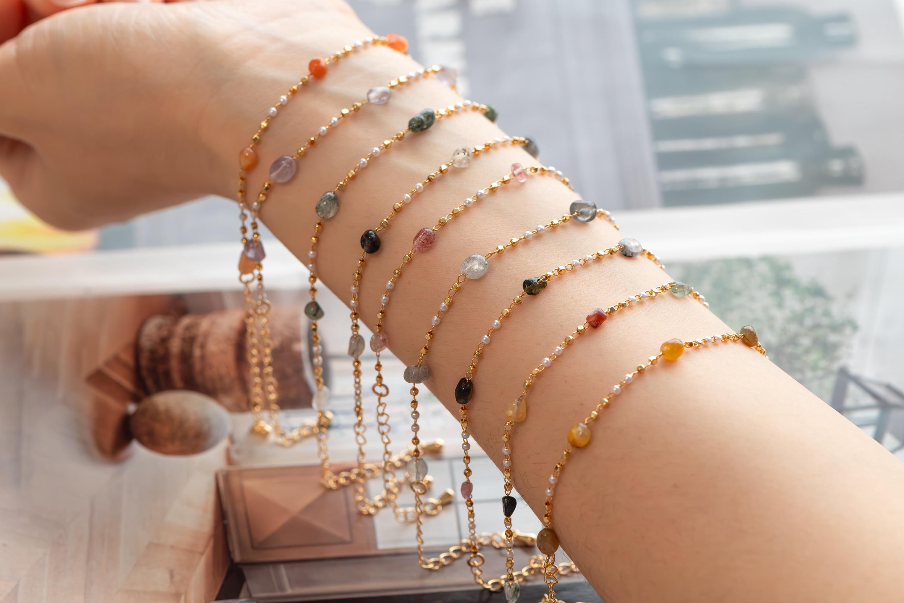 Natural Gemstone faux Pearl Chain Bracelet Necklace Anklet, Gold Beaded Jewelry, Minimalist Layering Chain, Jewelry Supplies (#LK-625)